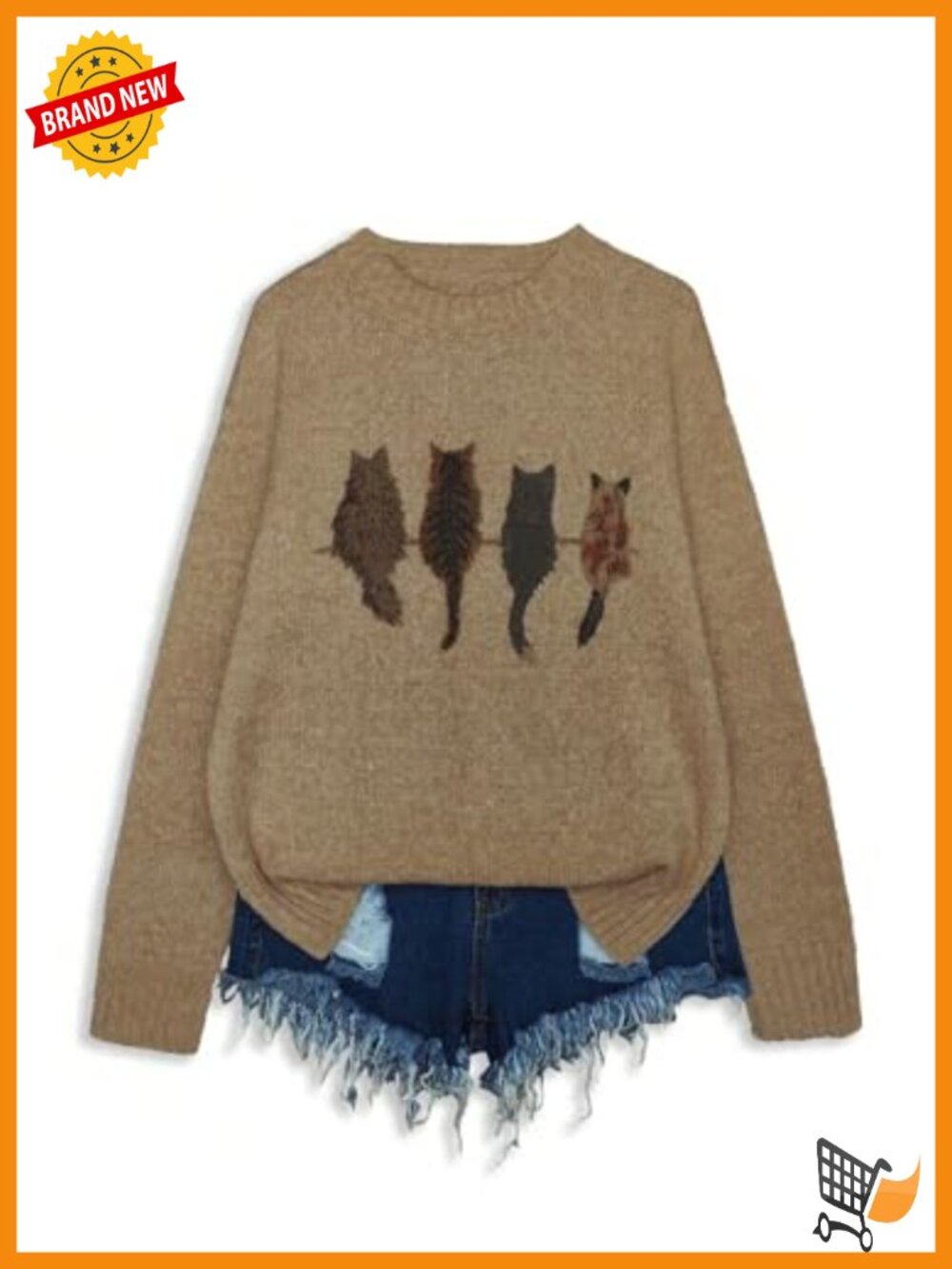 Cat Graphic Sweater Long Sleeve Crew Neck Knit Tops Casual Pullover - Picture 4 of 5